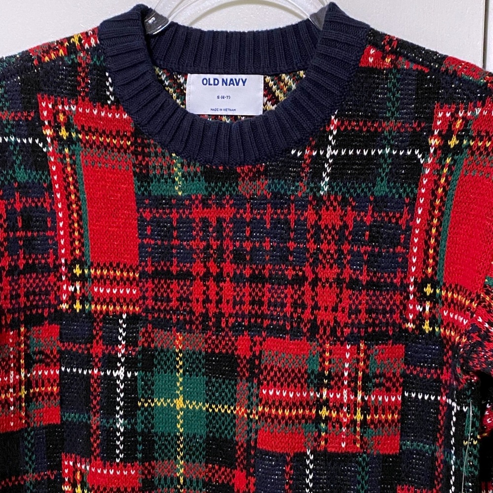 Old Navy Kids Festive Crew Tartan Plaid Sweater S Christmas Holiday Preppy